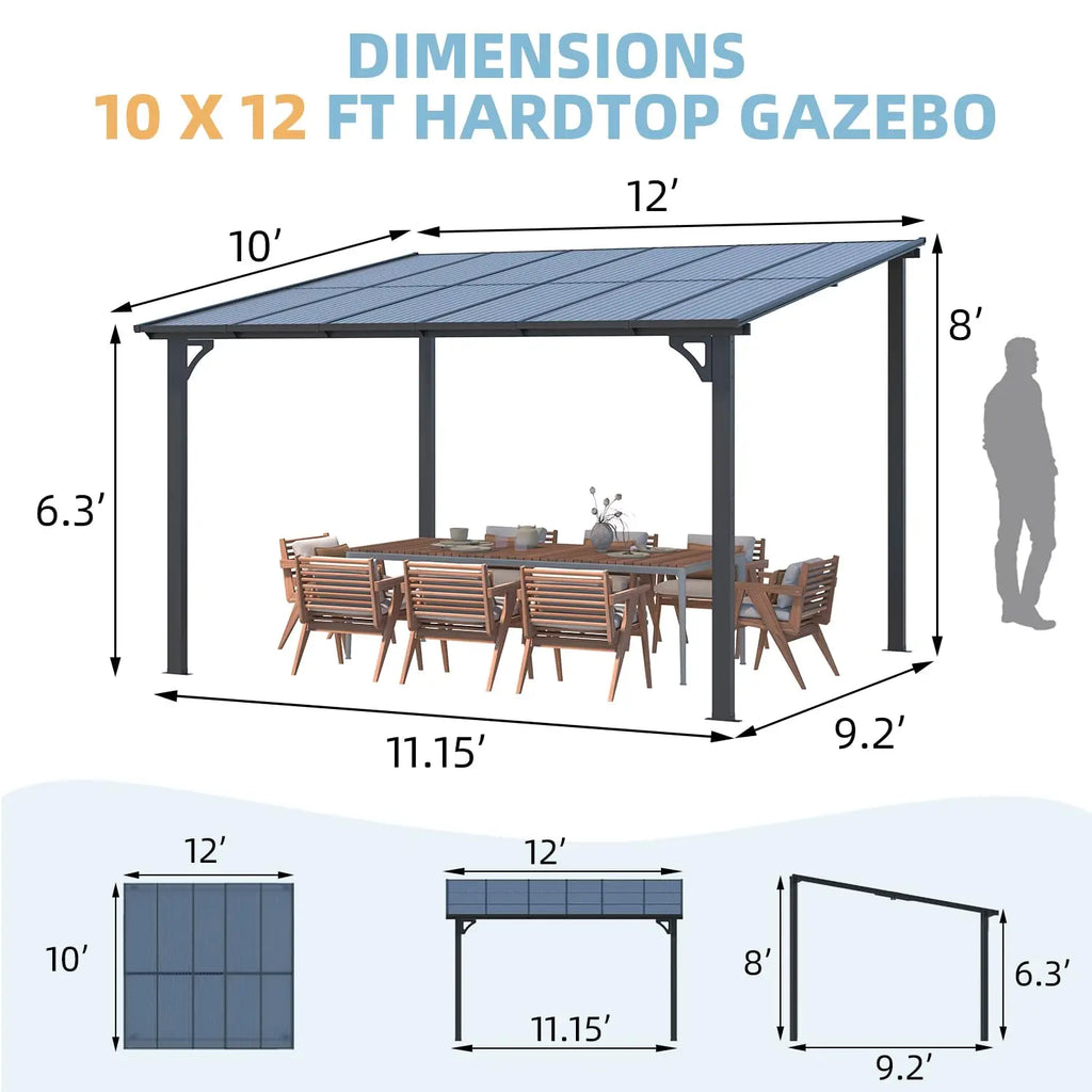 Wall Gazebo12’ x 10’, Hard Top Gazebos Pergola on Clearance