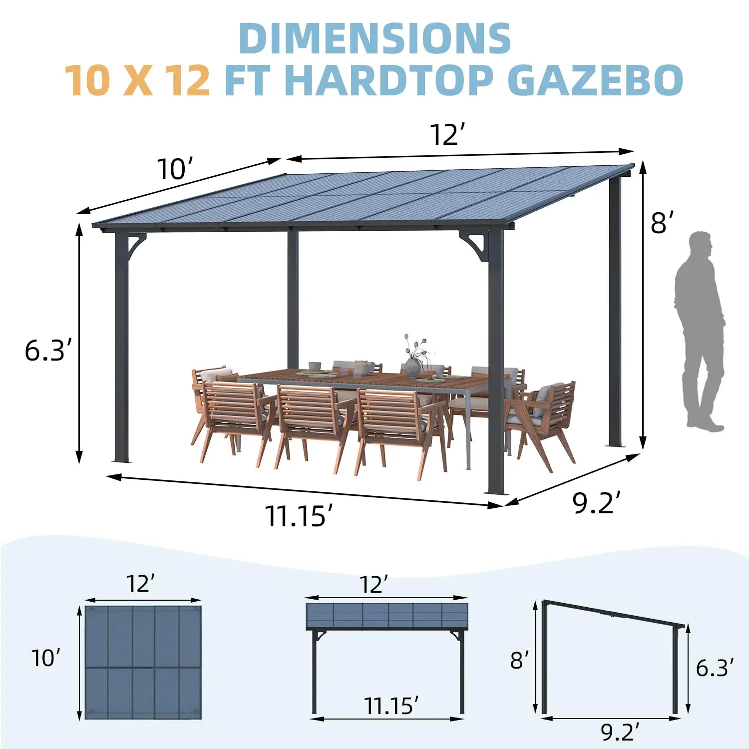 Wall Gazebo12’ x 10’, Hard Top Gazebos Pergola on Clearance