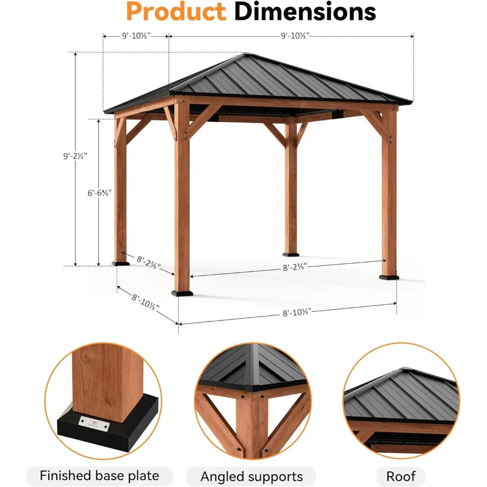 Wood Gazebo 10' x 10'  with Galvanized Steel Hardtop Roof, Cedar Framed