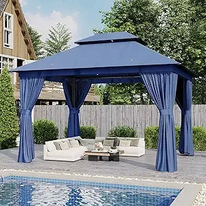 Gazebo 10x12, Metal Frame Canopy with Double Roof And Mosquito Net