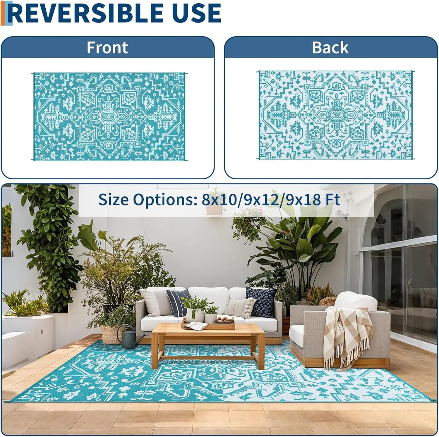 Waterproof Outdoor Area Rug Stain-Resistant Plastic Straw Carpet