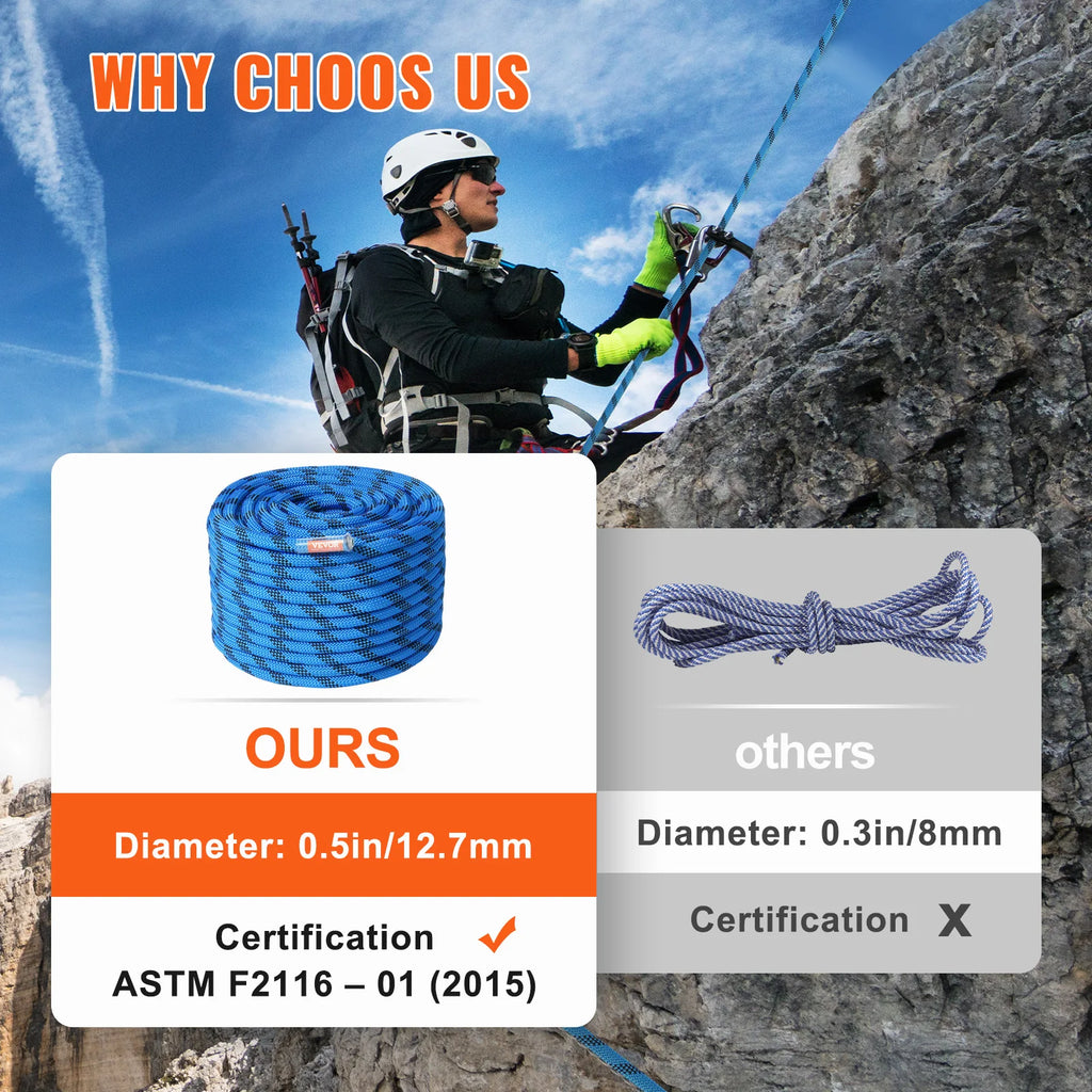 12.7mm Static Climbing Rope 200ft Outdoor with Steel Snap Hooks