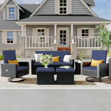 6 Piece Patio Furniture Set Wicker with Swivel & Recline Chairs