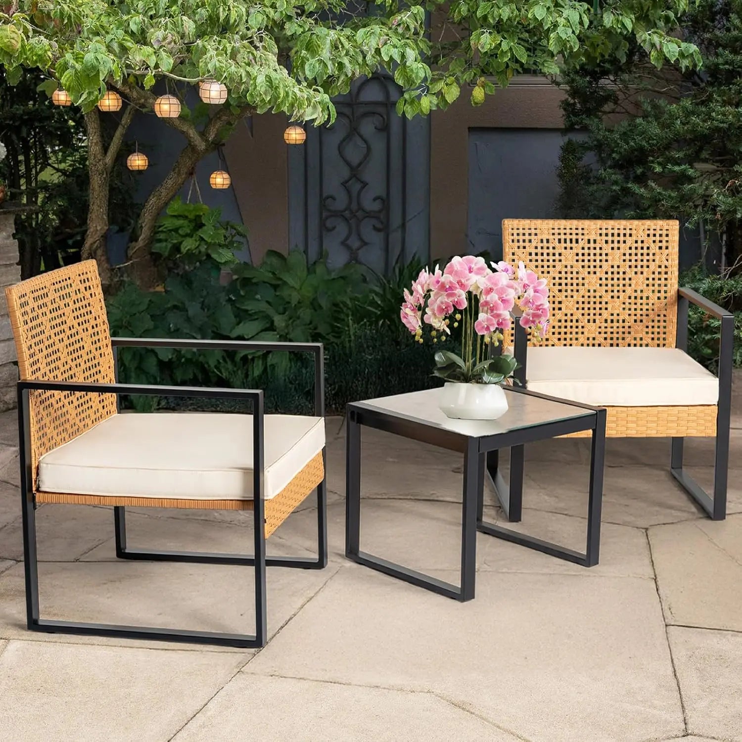 3 Piece Outdoor Wicker Bistro Set, Patio Conversation w/2 Rattan Chairs