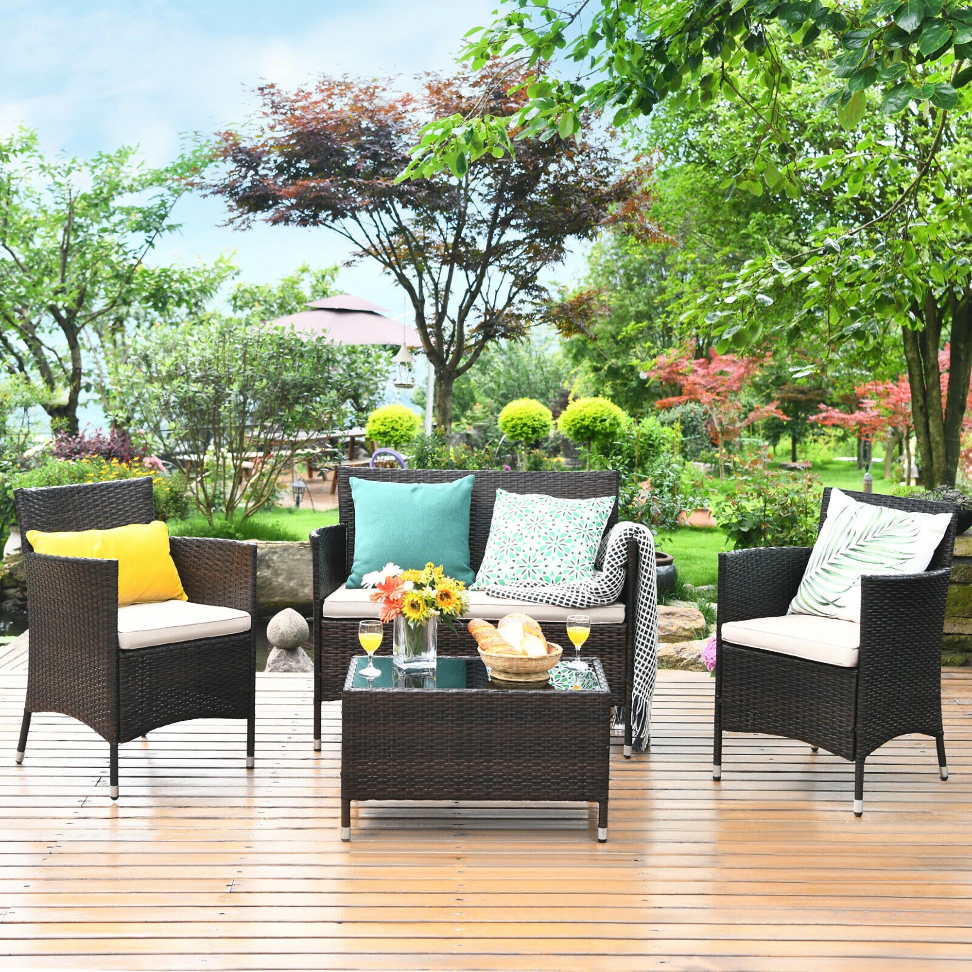 4PCS Rattan Patio Furniture Set With Coffee Table