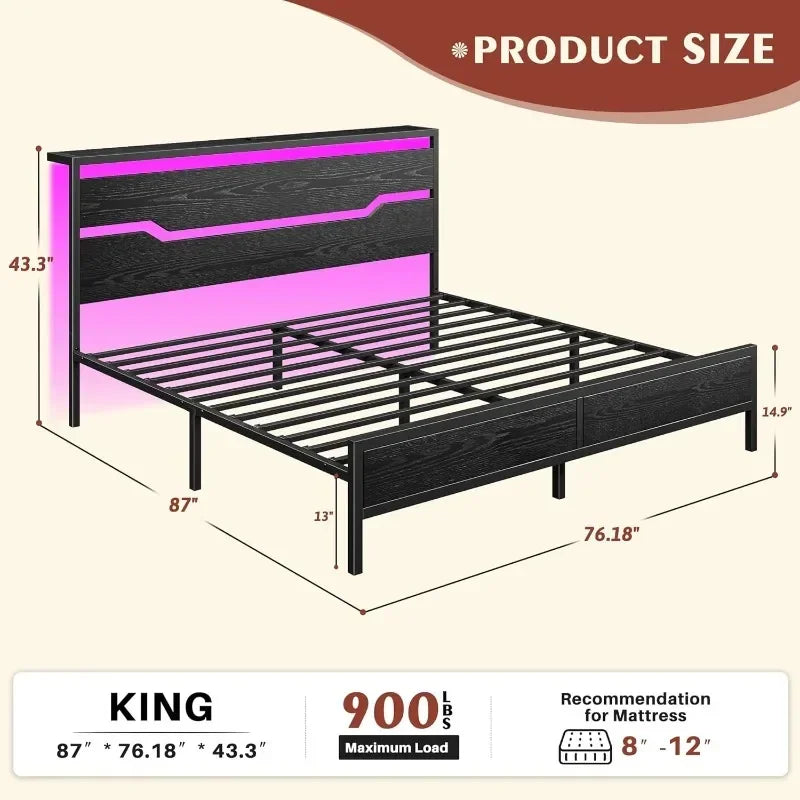 Bed Frame with LED Lights & Charging Station