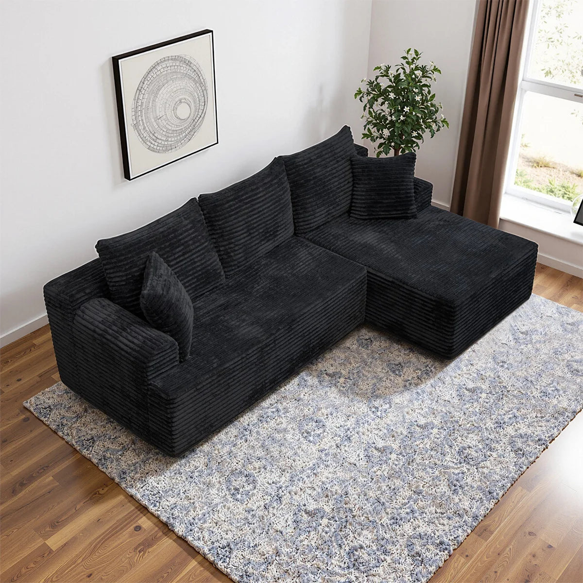 95" L-Shaped Sofa Chaise Rabbit Fleece Upholstery