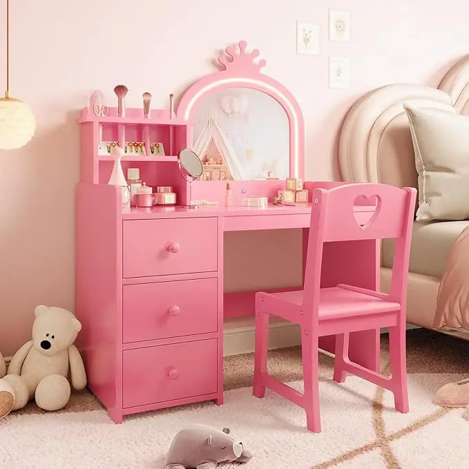 Kids Vanity with Lights, 2 in 1 Princess Vanity Desk & Chair Set