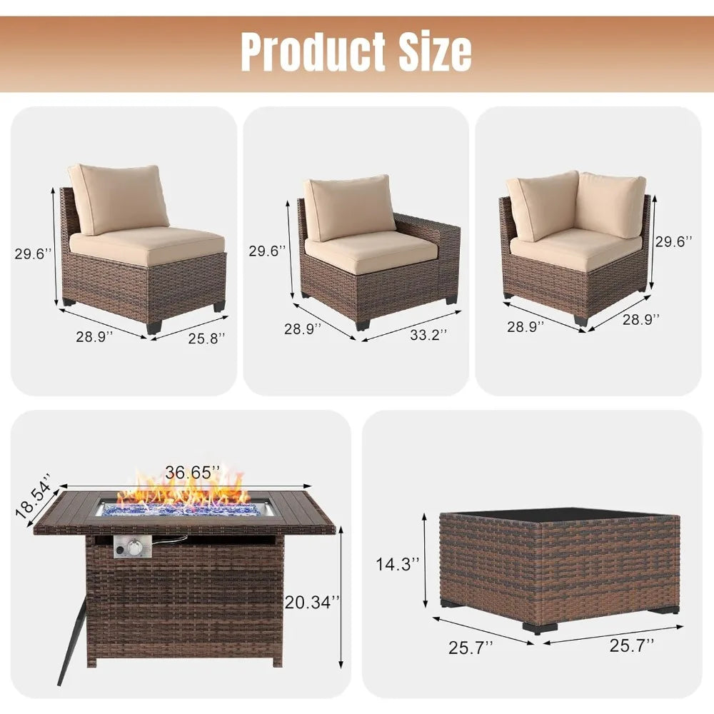 7 Pieces Patio Furniture Set with 44” Fire Pit Table Wicker Rattan