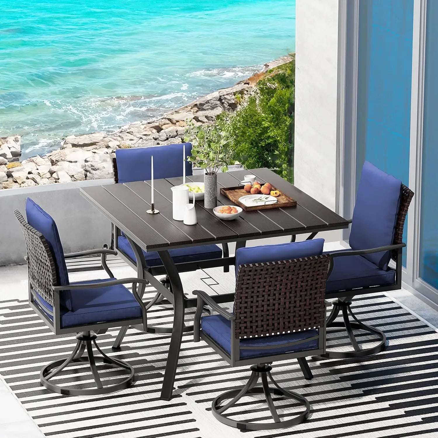 5 Piece Outdoor Patio Dining Set with 4 Swivel Chairs And Table