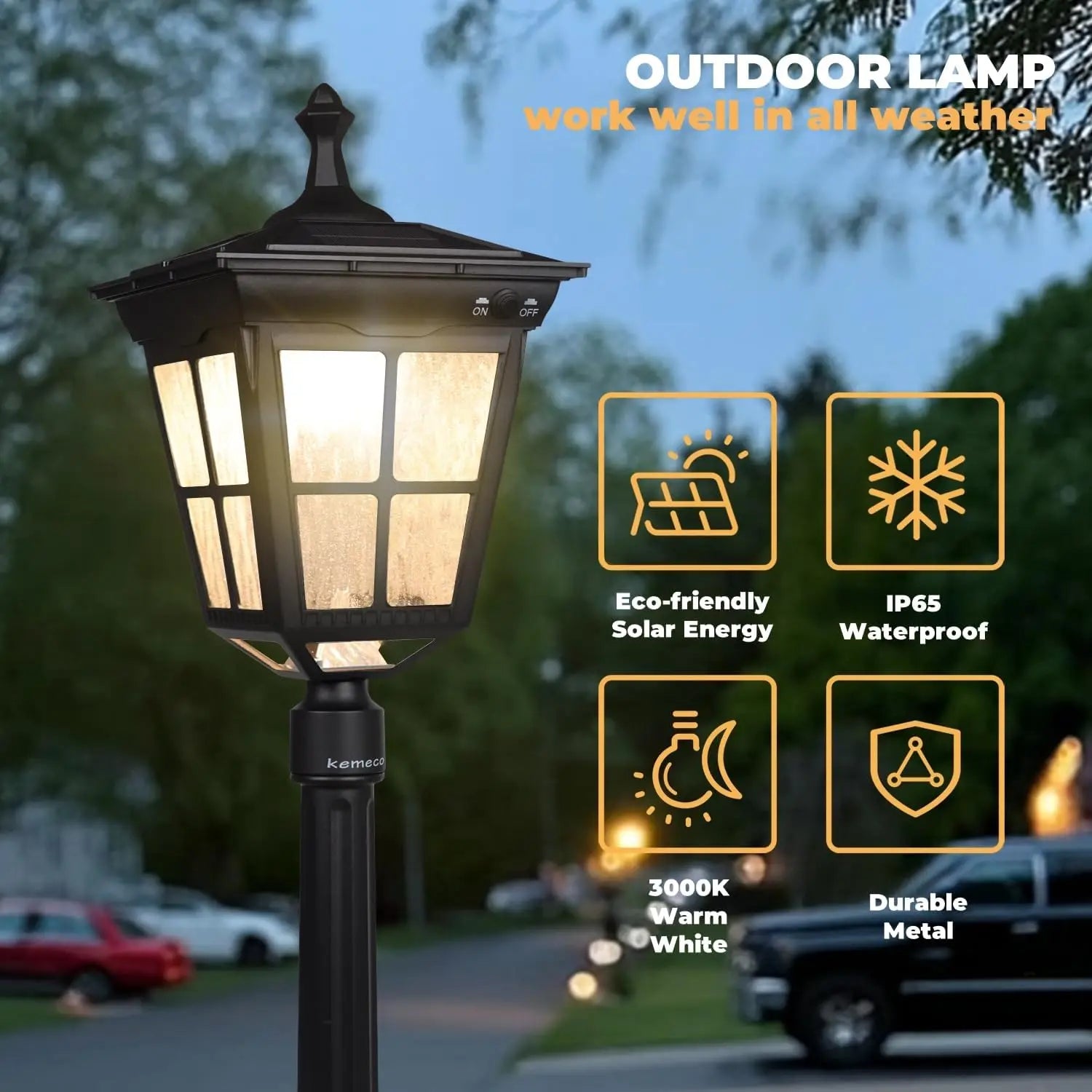 LED Solar Post Light, 3' Fitter Base Outdoor Pole Mount