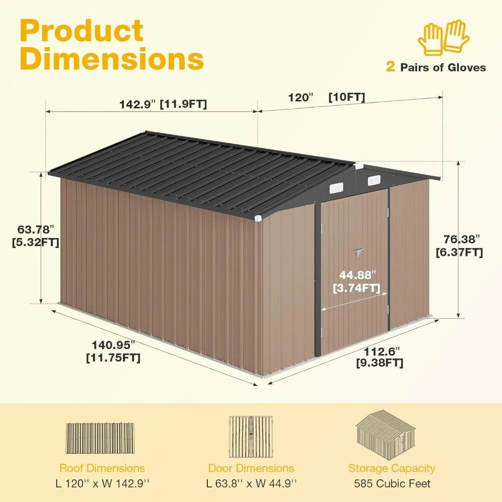 10x12 FT Outdoor Storage Shed with Floor Foundation & Lockable Double Doors