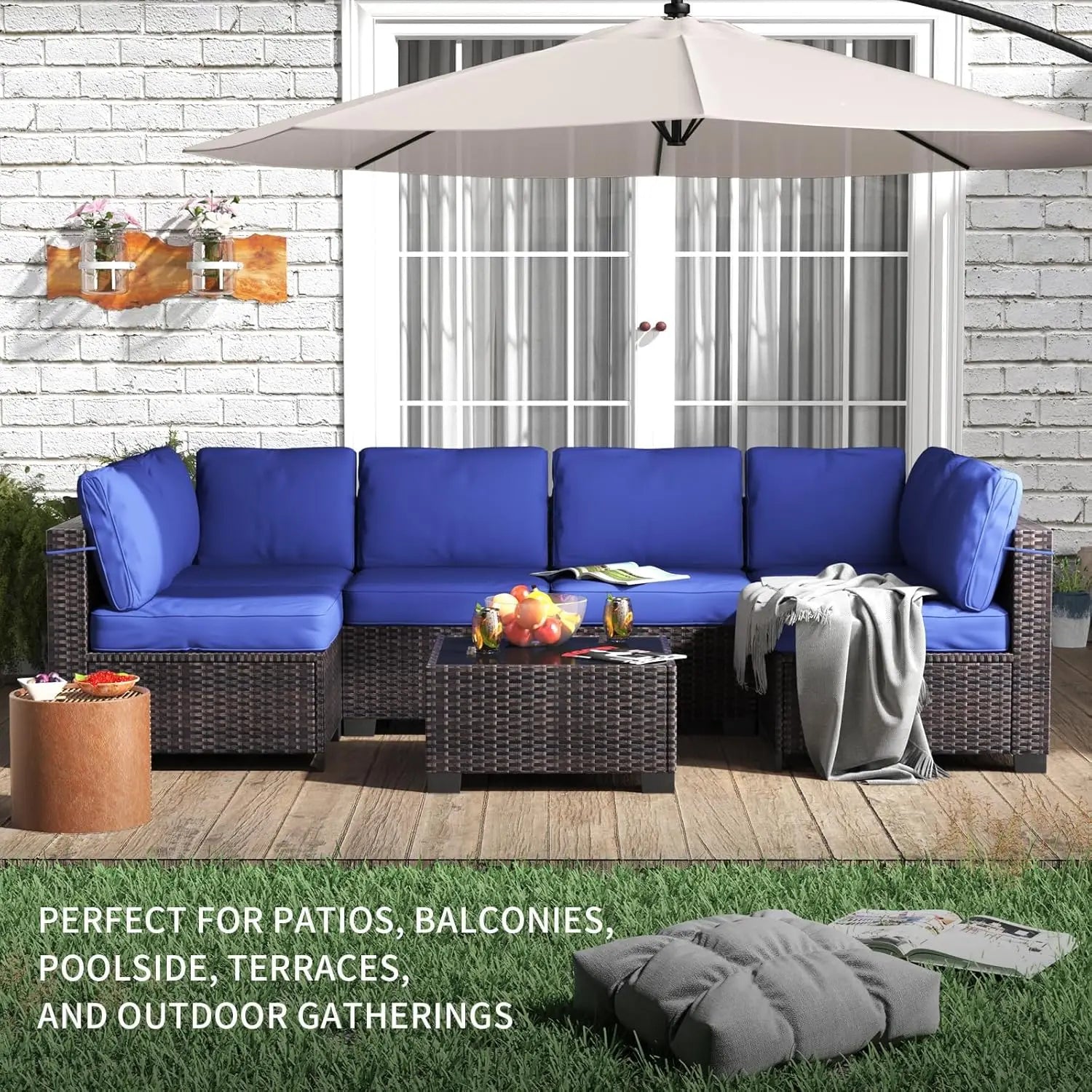 7-Piece Modular Outdoor Furniture Set, PE Rattan Wicker Sectional