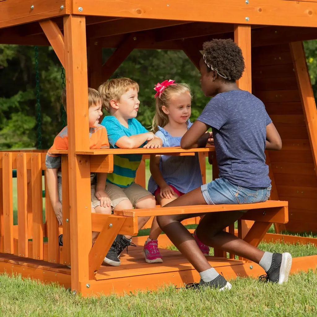 II Cedar Wood Swing Set with Wave Slide, Raised Clubhouse