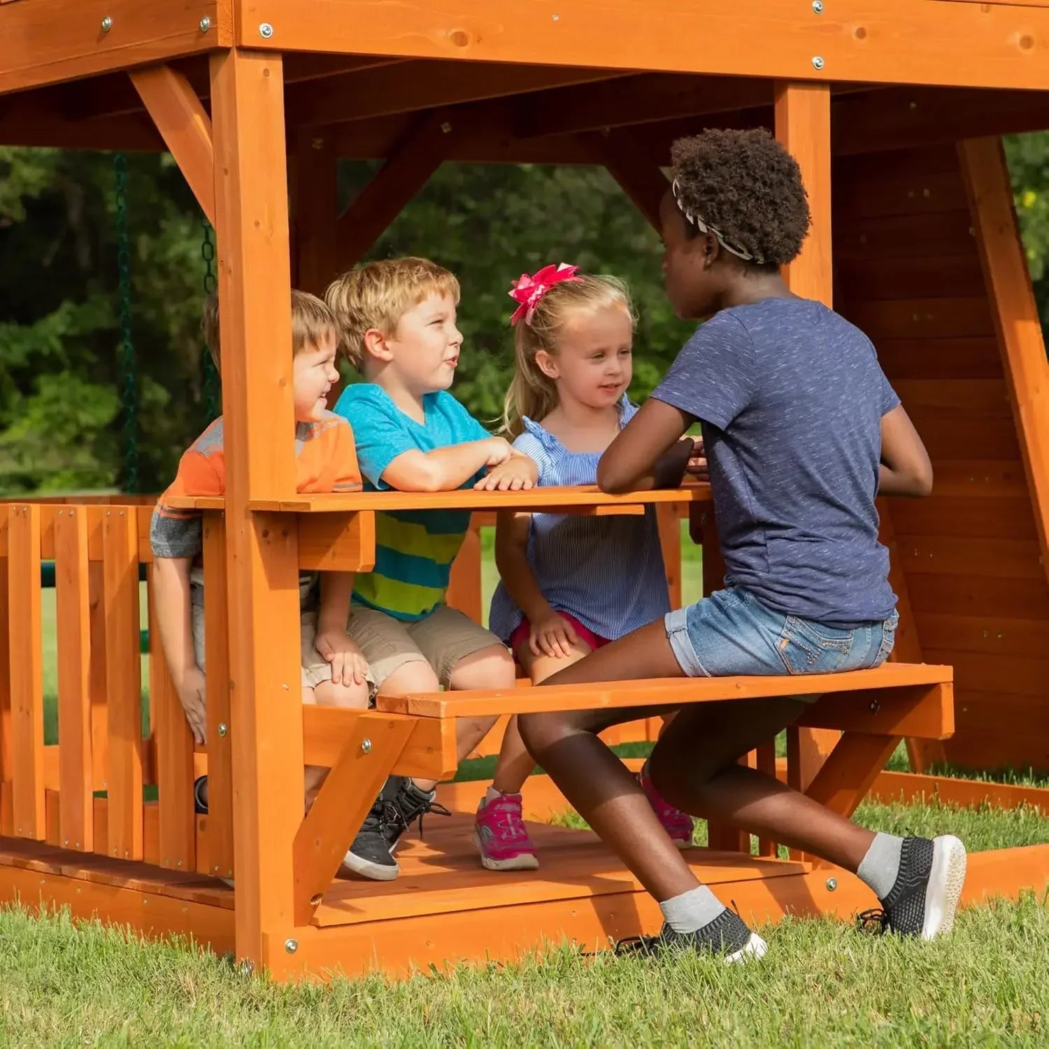 II Cedar Wood Swing Set with Wave Slide, Raised Clubhouse