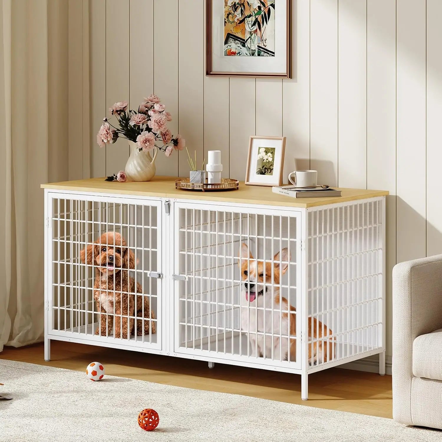 Double Dog Crate Furniture with Removable Divider