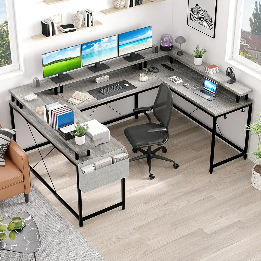 U Shaped Gaming Desk with Monitor Stand Storage Shelves