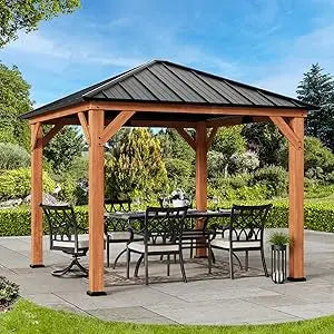 Wood Gazebo 10' x 10'  with Galvanized Steel Hardtop Roof, Cedar Framed