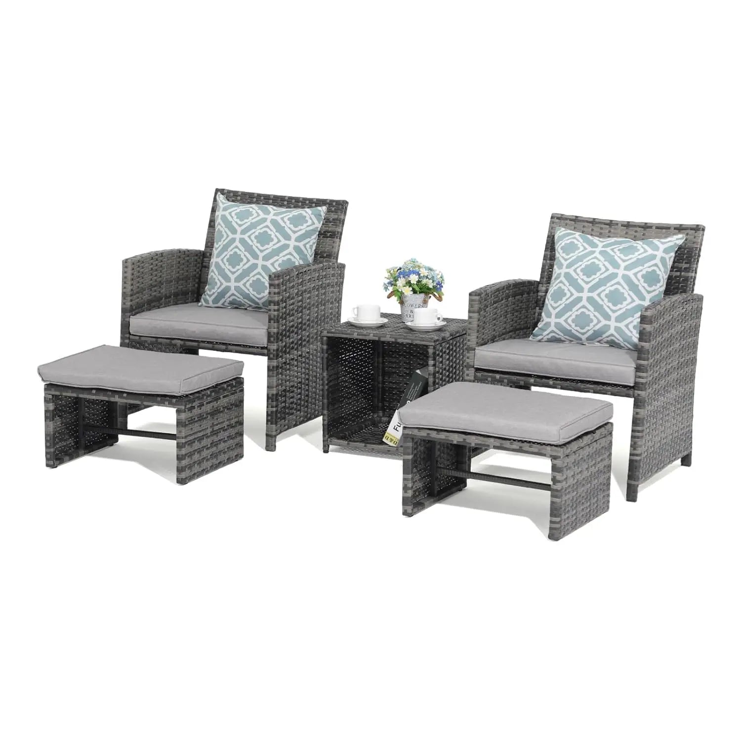 5 Piece Patio Set, Wicker Outdoor Conversation Chair and Ottoman