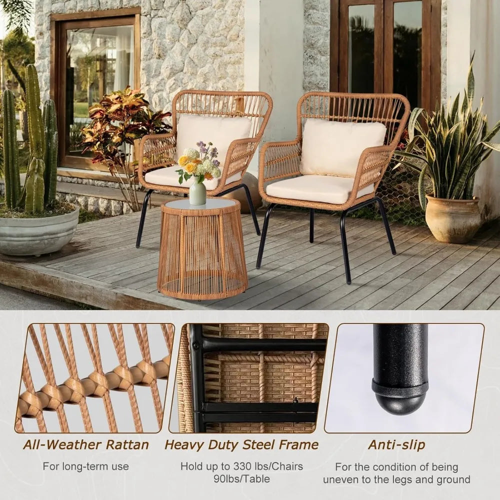 3 Piece Outdoor Wicker Bistro Set, Patio Conversation w/2 Rattan Chairs