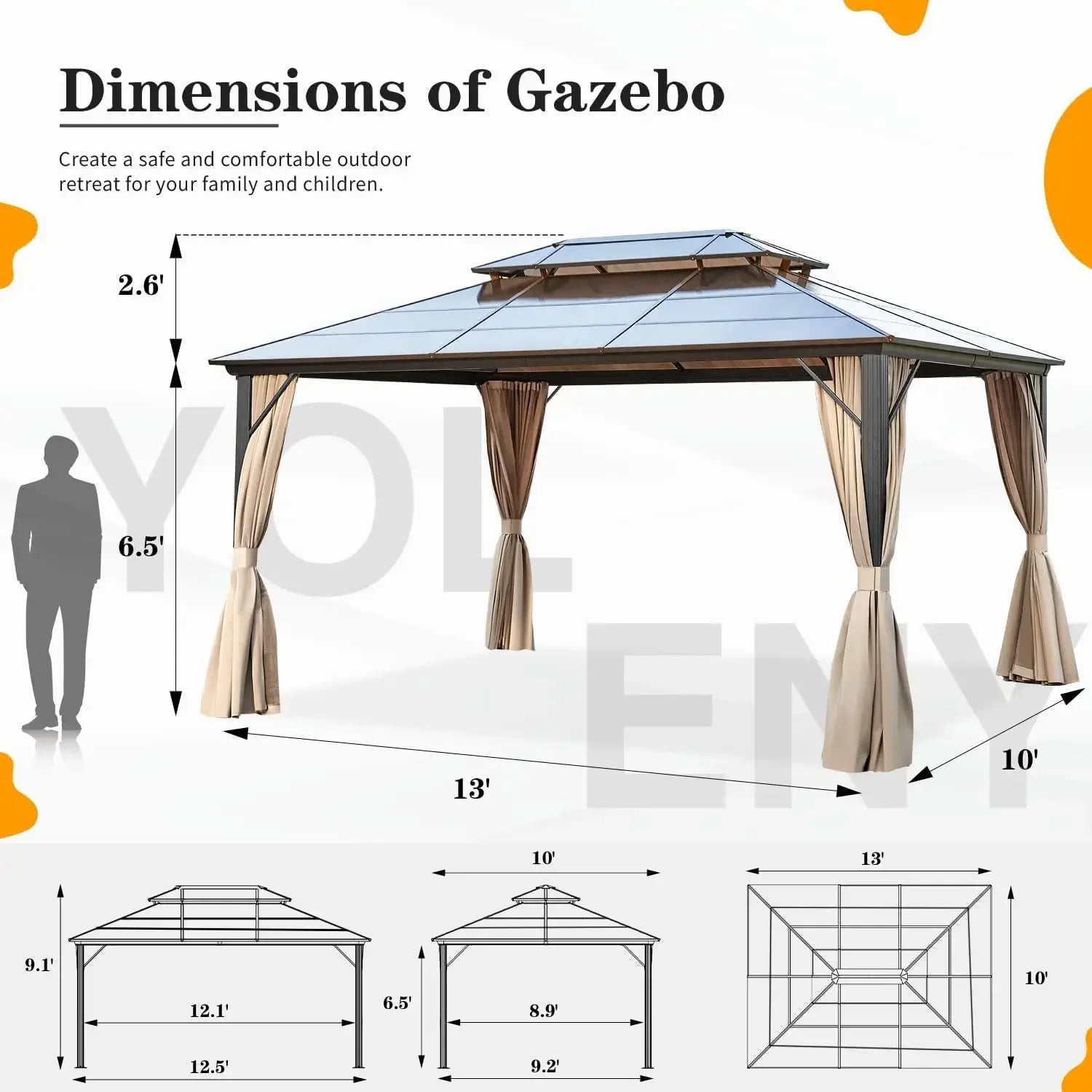 10'x13' Hardtop Gazebo, Outdoor Polycarbonate Double Roof Canopy