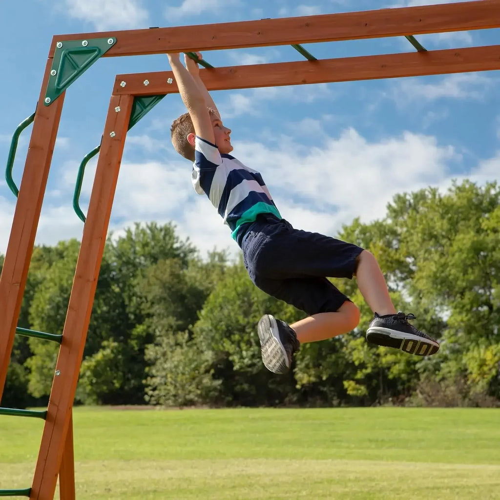 II Cedar Wood Swing Set with Wave Slide, Raised Clubhouse