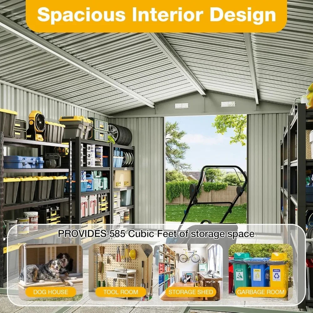 10x12 FT Outdoor Storage Shed with Floor Foundation & Lockable Double Doors