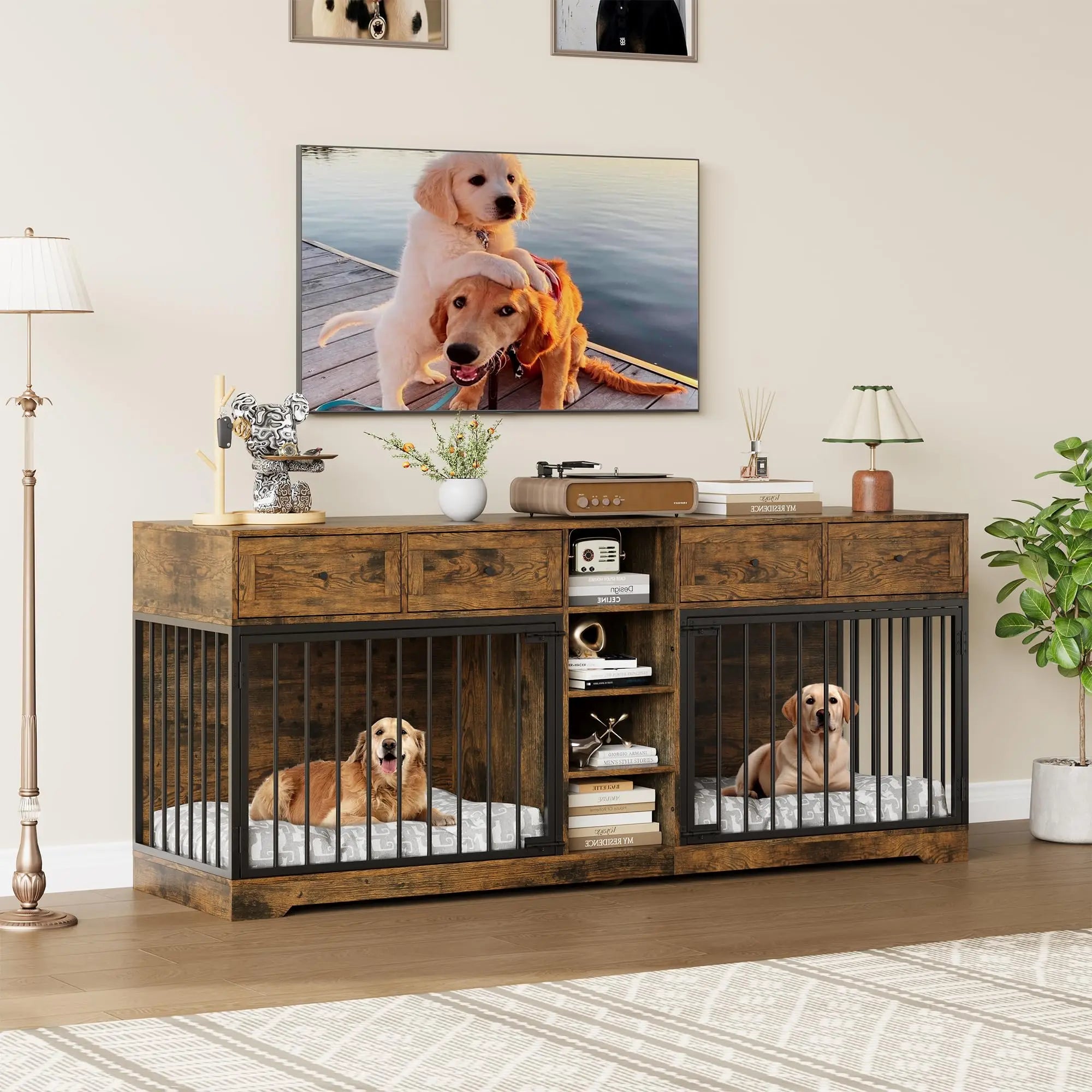 82'' Large Double Dog Crate Furniture TV Stand With 4 Drawers
