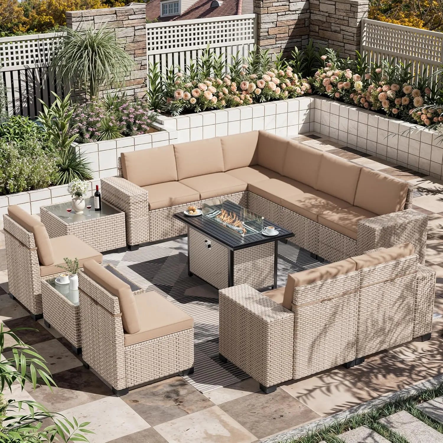 13 Piece Outdoor Wicker Patio Set, High Back Sofa Chairs