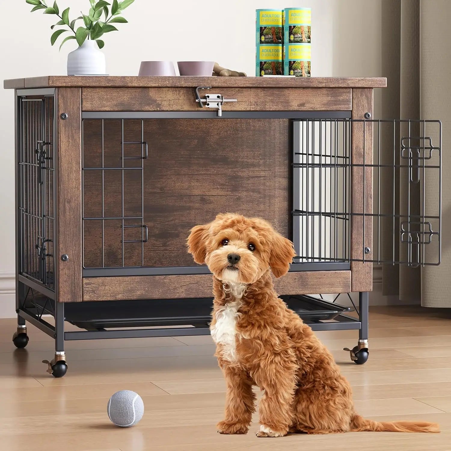 Rustic Dog Crate with Wheels 26in Heavy Duty Metal