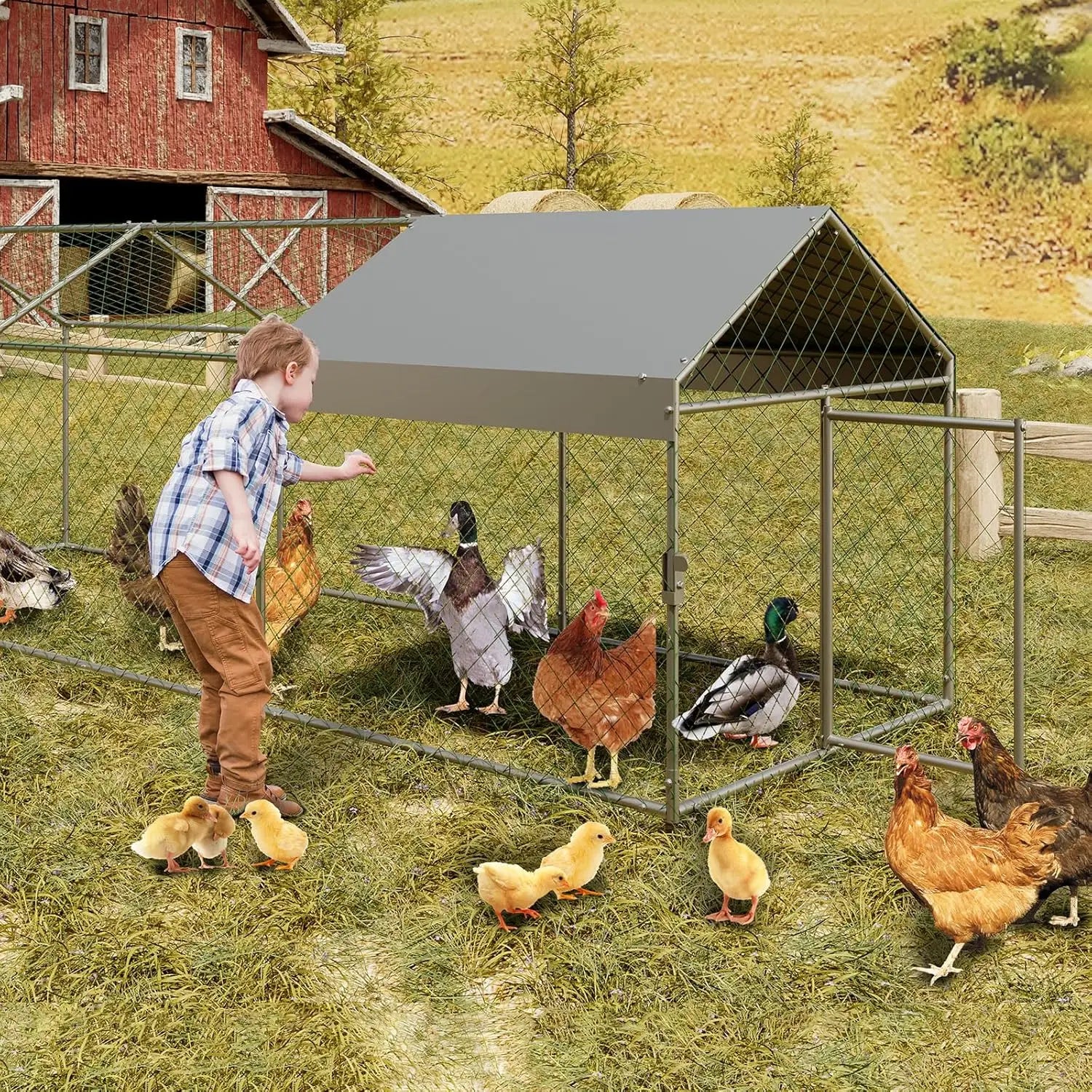 Large Metal Cage w/ 2 Doors and Waterproof Cover for Chicken