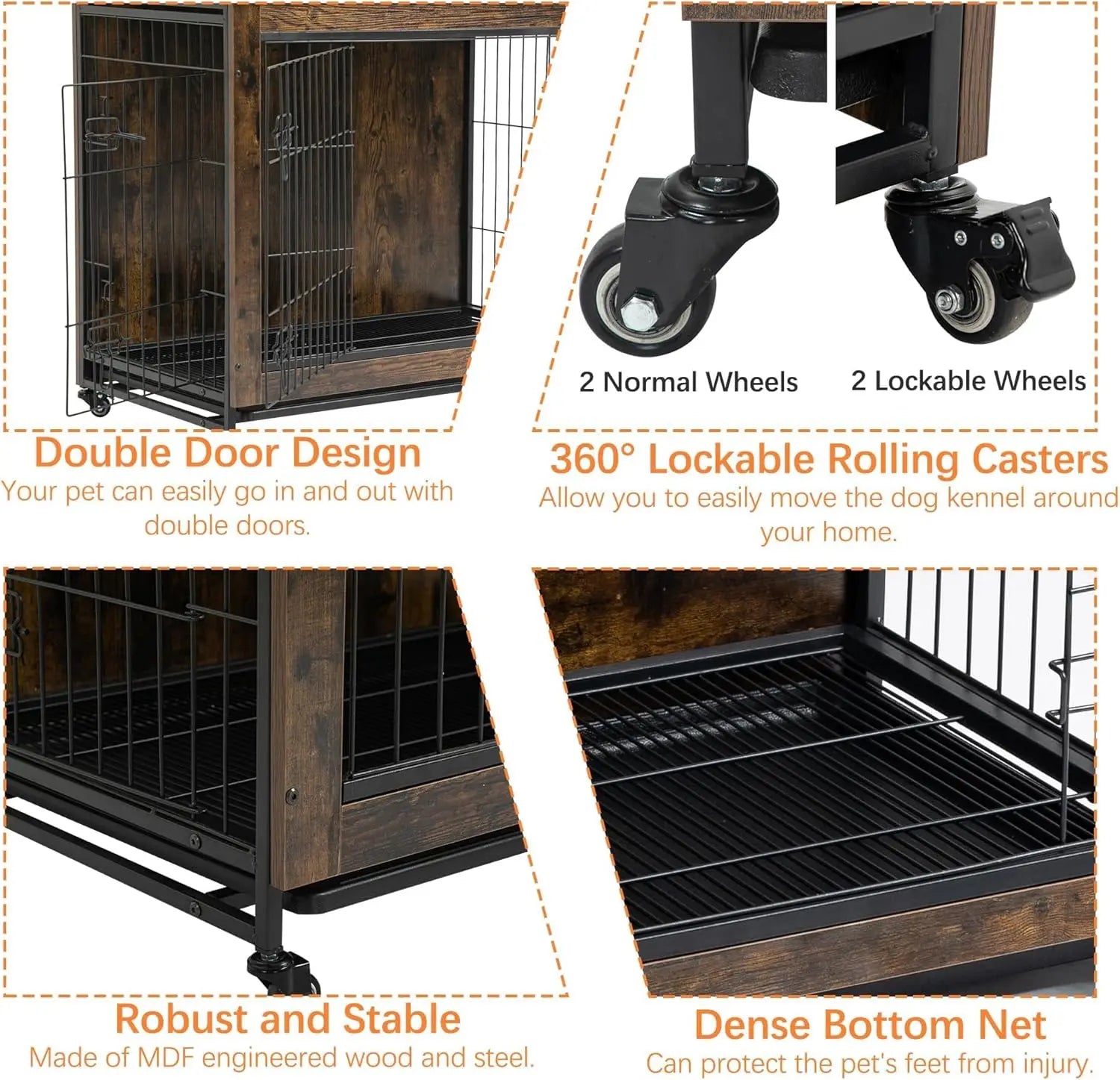 Rustic Dog Crate with Wheels 26in Heavy Duty Metal