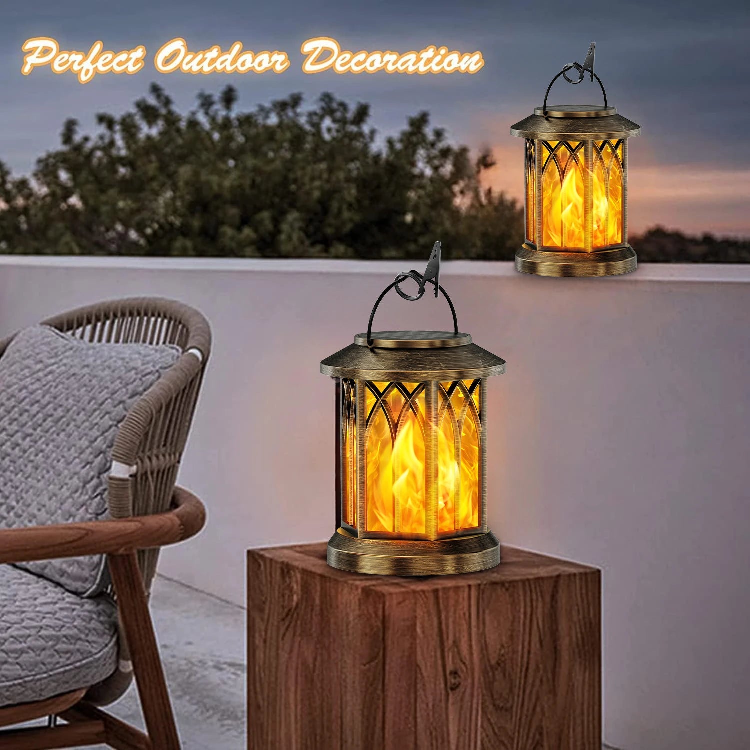2 Pack Upgraded Flickering Flame Solar Outdoor Lanterns Bronze/Black