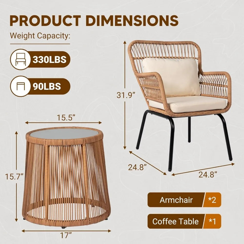 3 Piece Outdoor Wicker Bistro Set, Patio Conversation w/2 Rattan Chairs