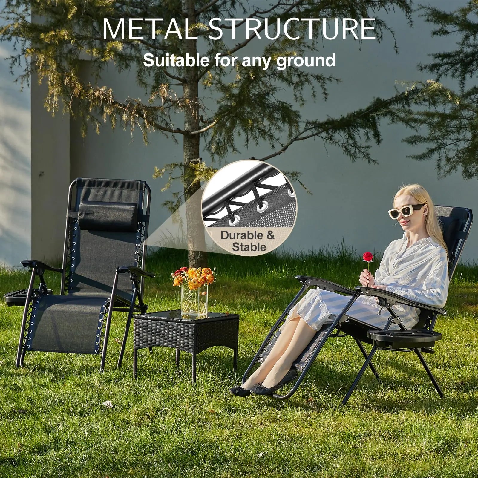 JHK Zero Gravity Set of 2 Portable Recliner Camping Patio Outdoor Garden Lounge Chair with Cup Holder Trays Adjustable Pillow