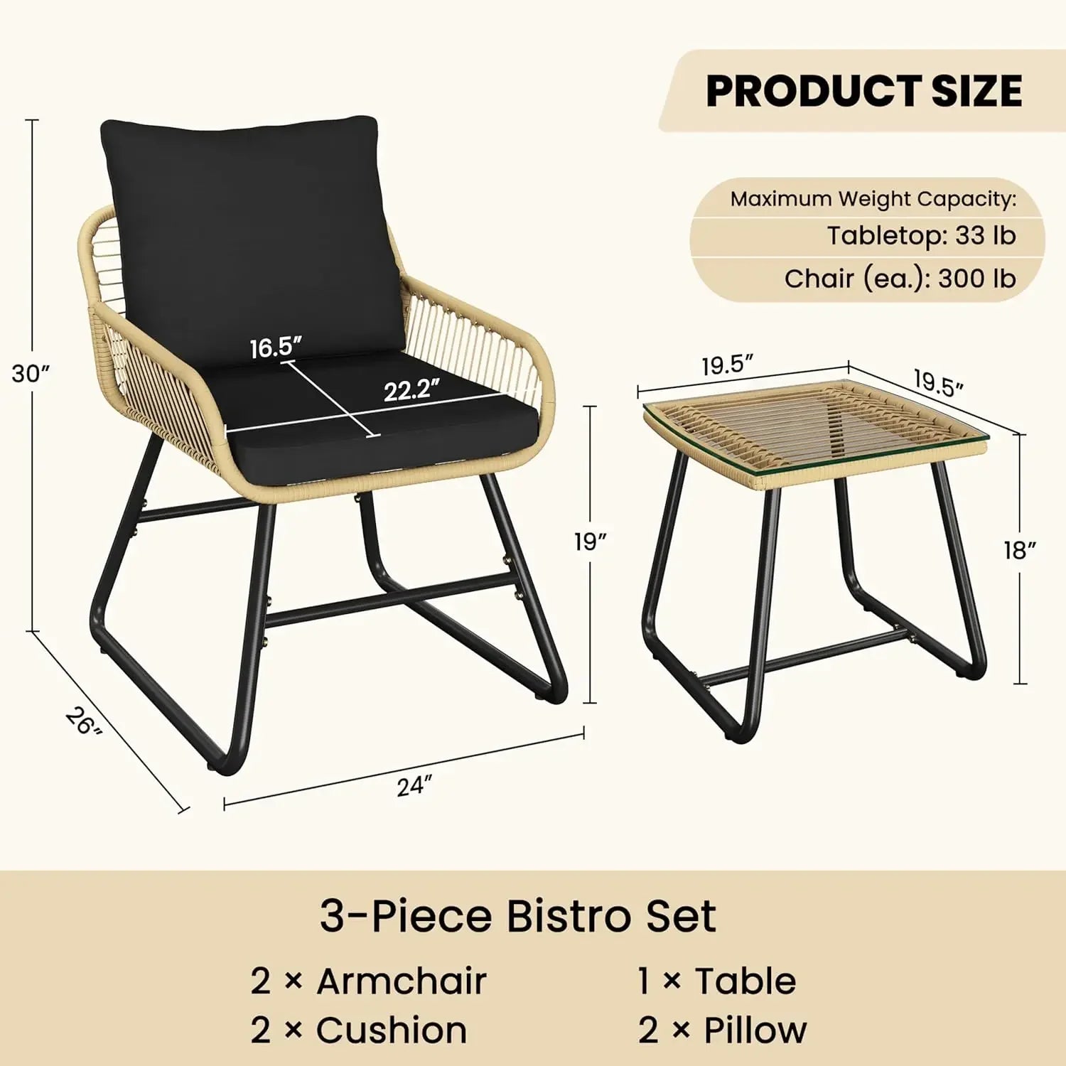 Wicker 3 Piece Rattan Bistro Outdoor Patio Set