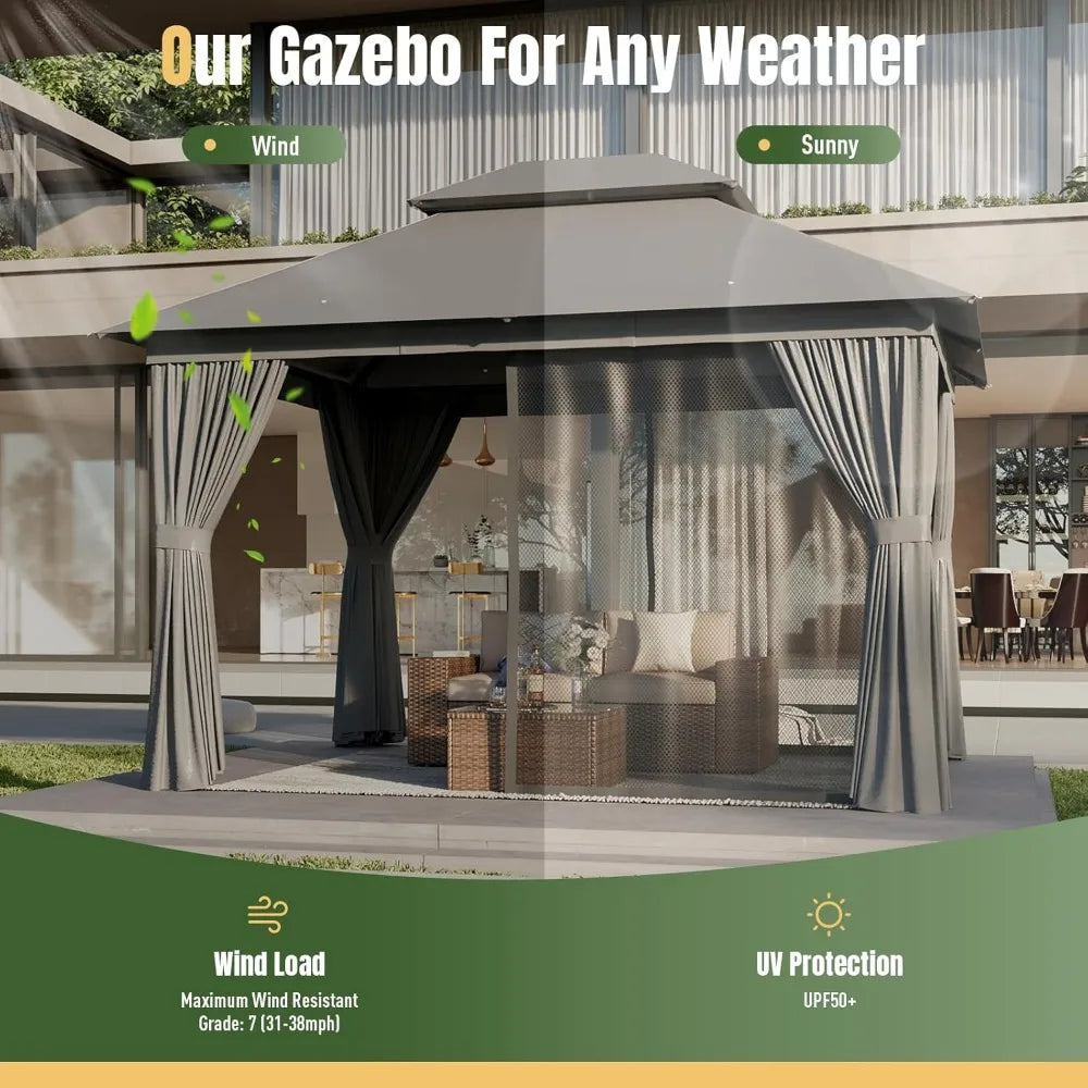 Gazebo 10x12, Metal Frame Canopy with Double Roof And Mosquito Net