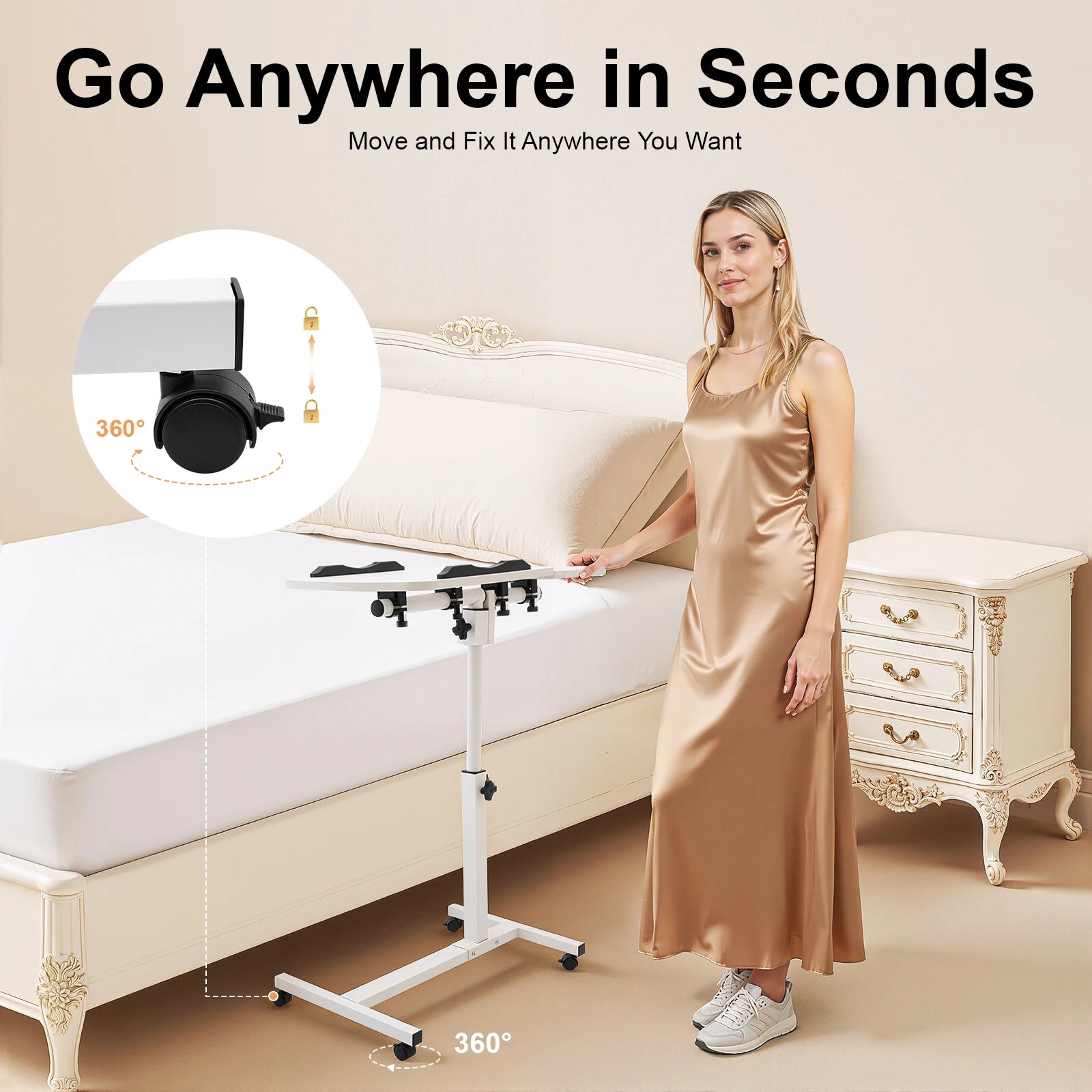 360° Adjustable Laptop Desk Stand Tilting Overbed Table with Wheels