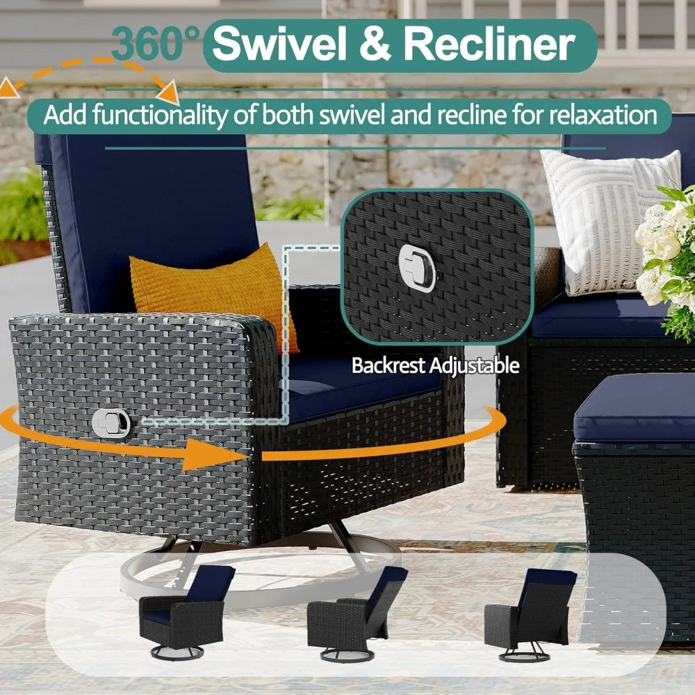 6 Piece Patio Furniture Set Wicker with Swivel & Recline Chairs