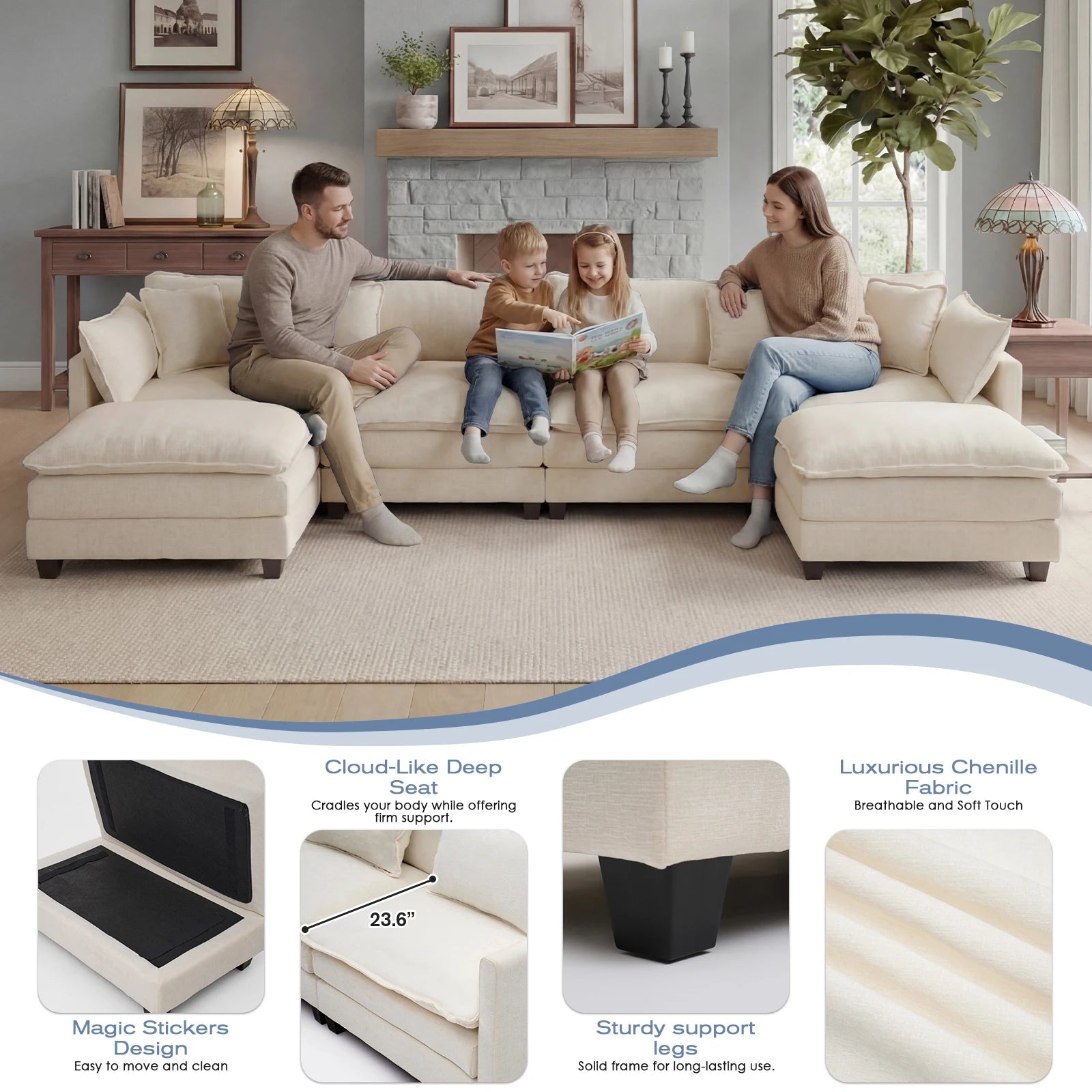 Modular Sectional Sofa with Ottoman, Comfy Cloud Couch