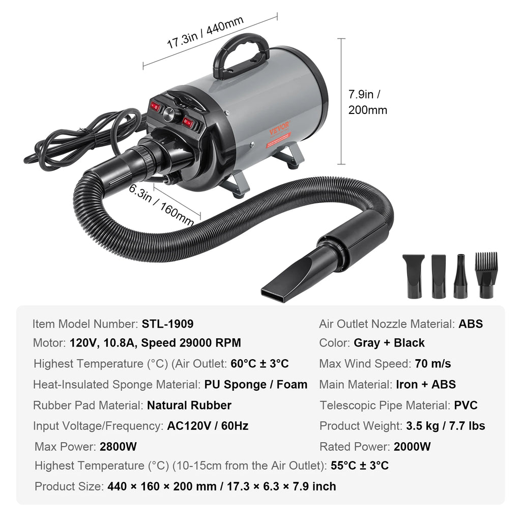 2000W/2.7HP Dog Blow Dryer Adjustable Speed Temperature Control