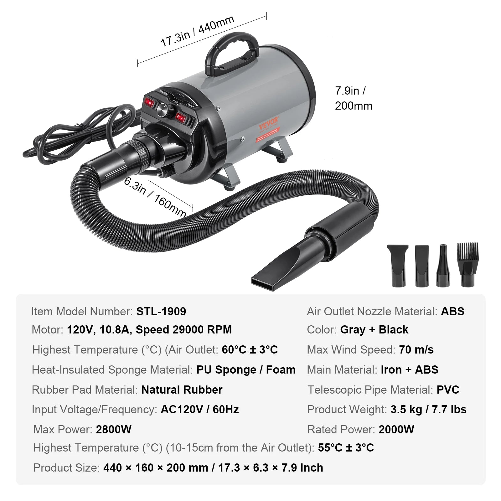2000W/2.7HP Dog Blow Dryer Adjustable Speed Temperature Control