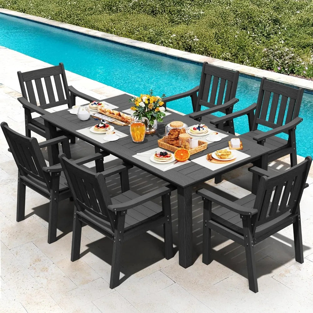 Patio 7 Piece Table and Chairs Dining Furniture, In Black Plastic