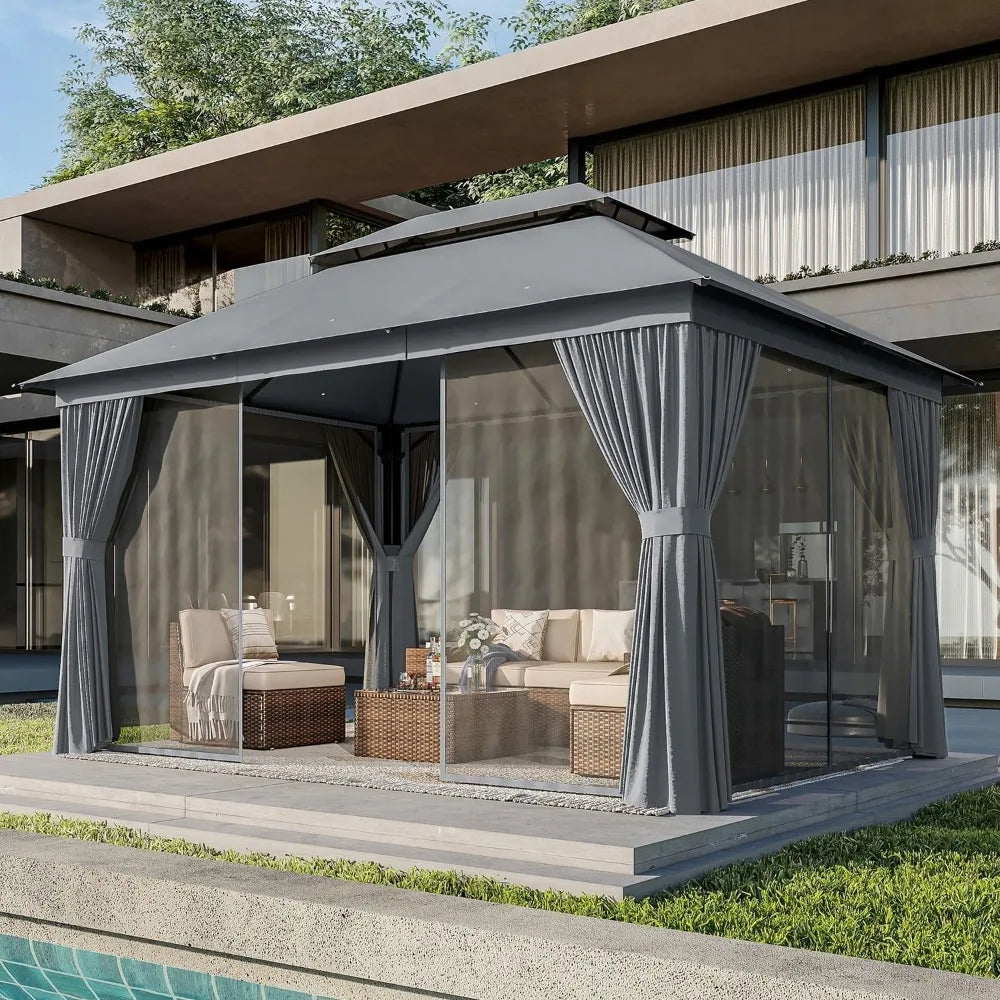 Gazebo 10x12, Metal Frame Canopy with Double Roof And Mosquito Net