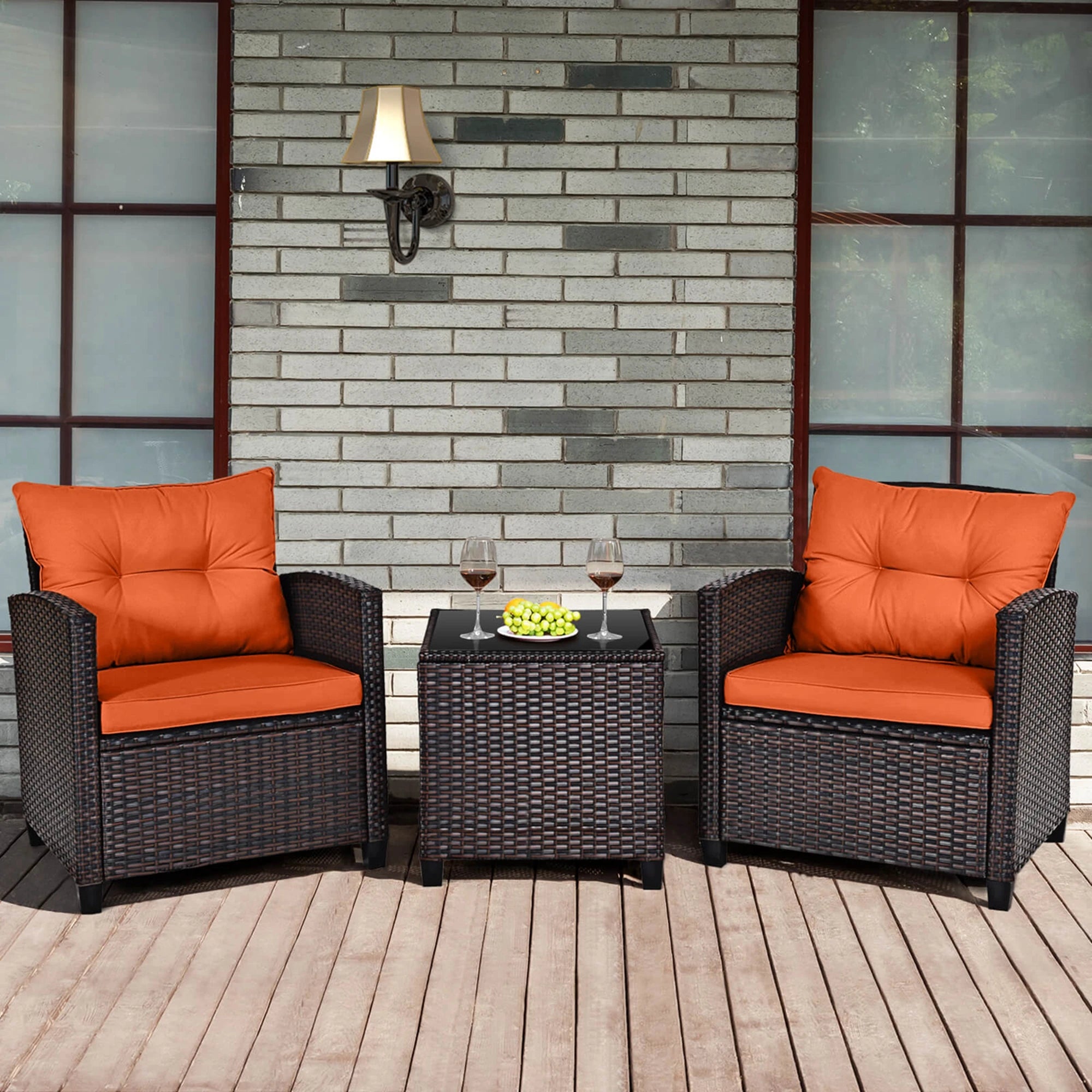 3 PCS Rattan Patio Set With Orange Cushioned