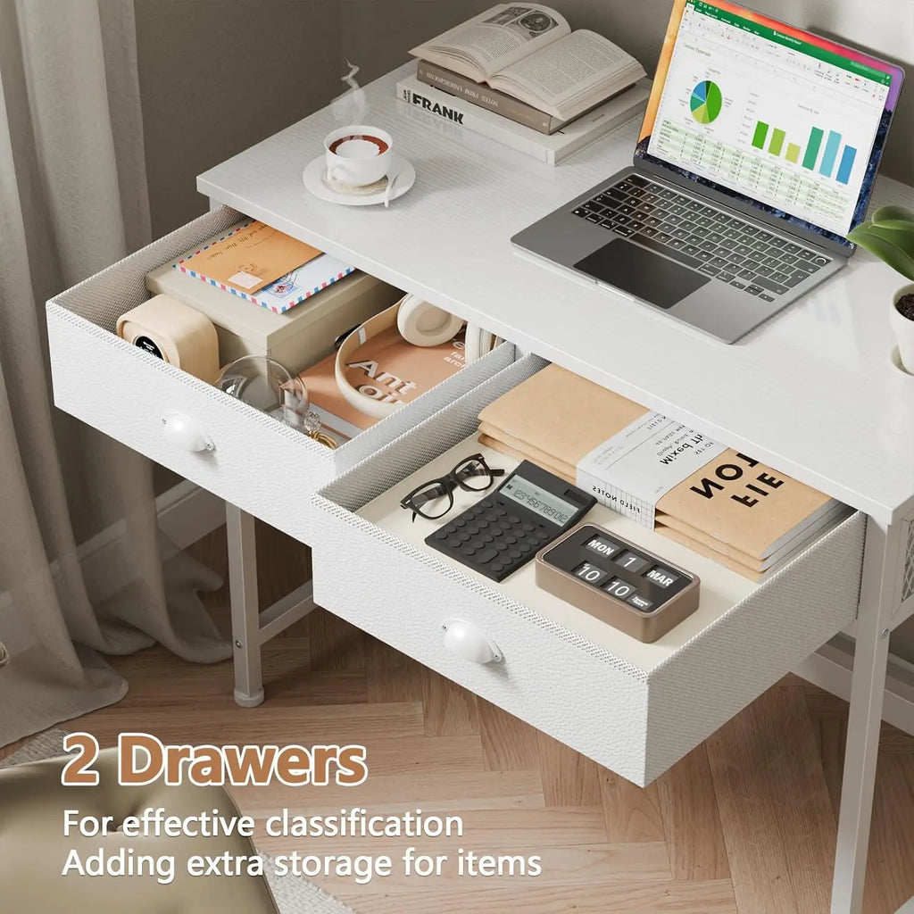 Small White Computer Desk with 2 Fabric Drawers