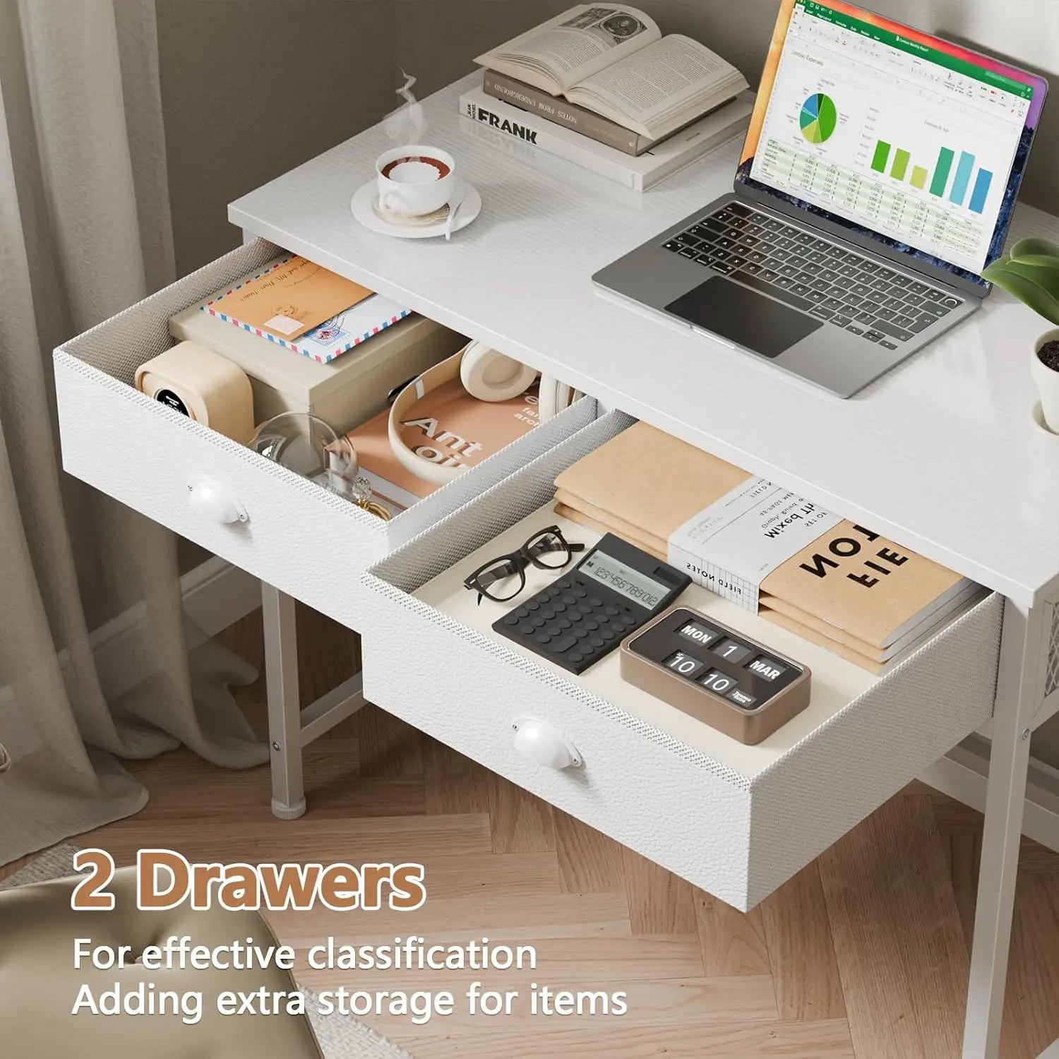 Small White Computer Desk with 2 Fabric Drawers