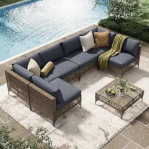 7 Piece Outdoor Patio Furniture Set, Rattan Wicker with Tea Table