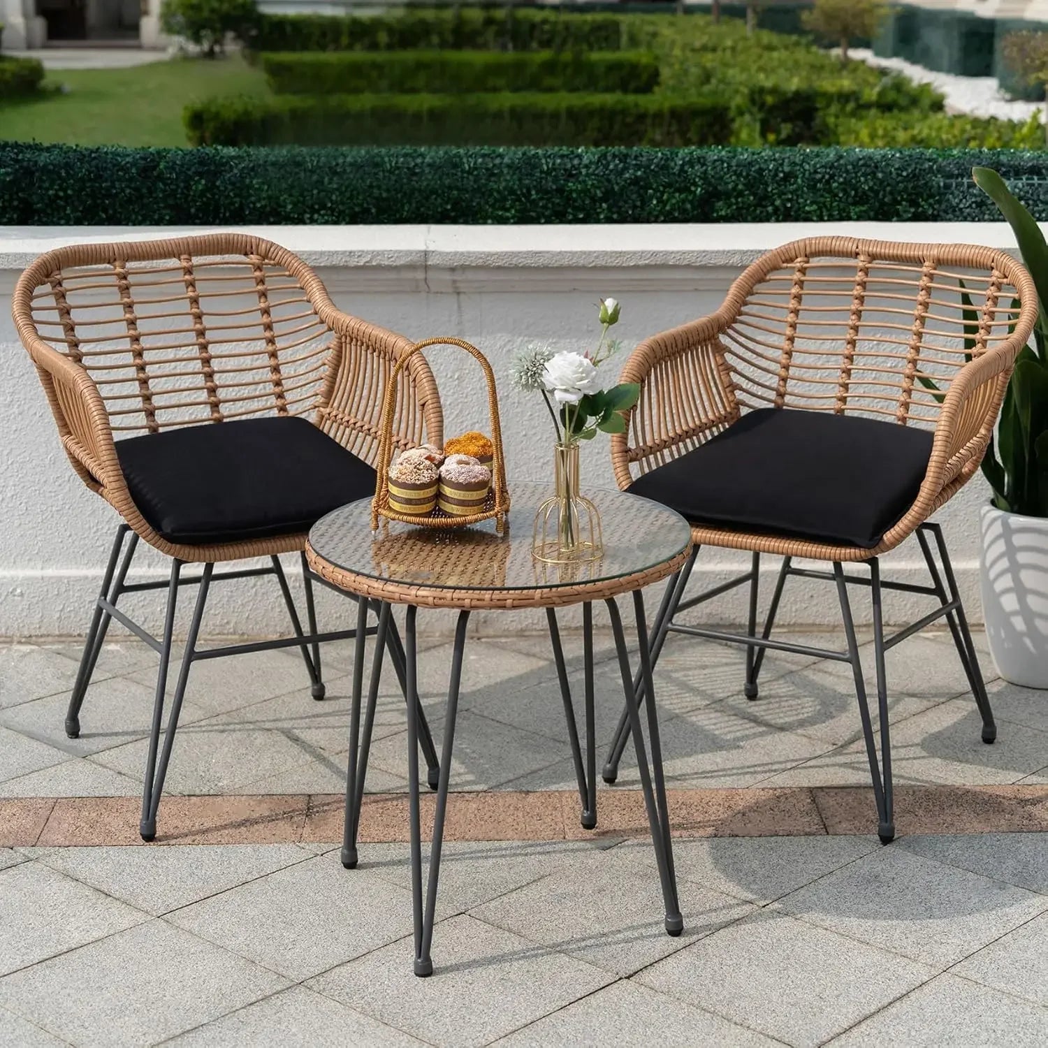 3 Piece Outdoor Wicker Bistro Set, Patio Conversation w/2 Rattan Chairs