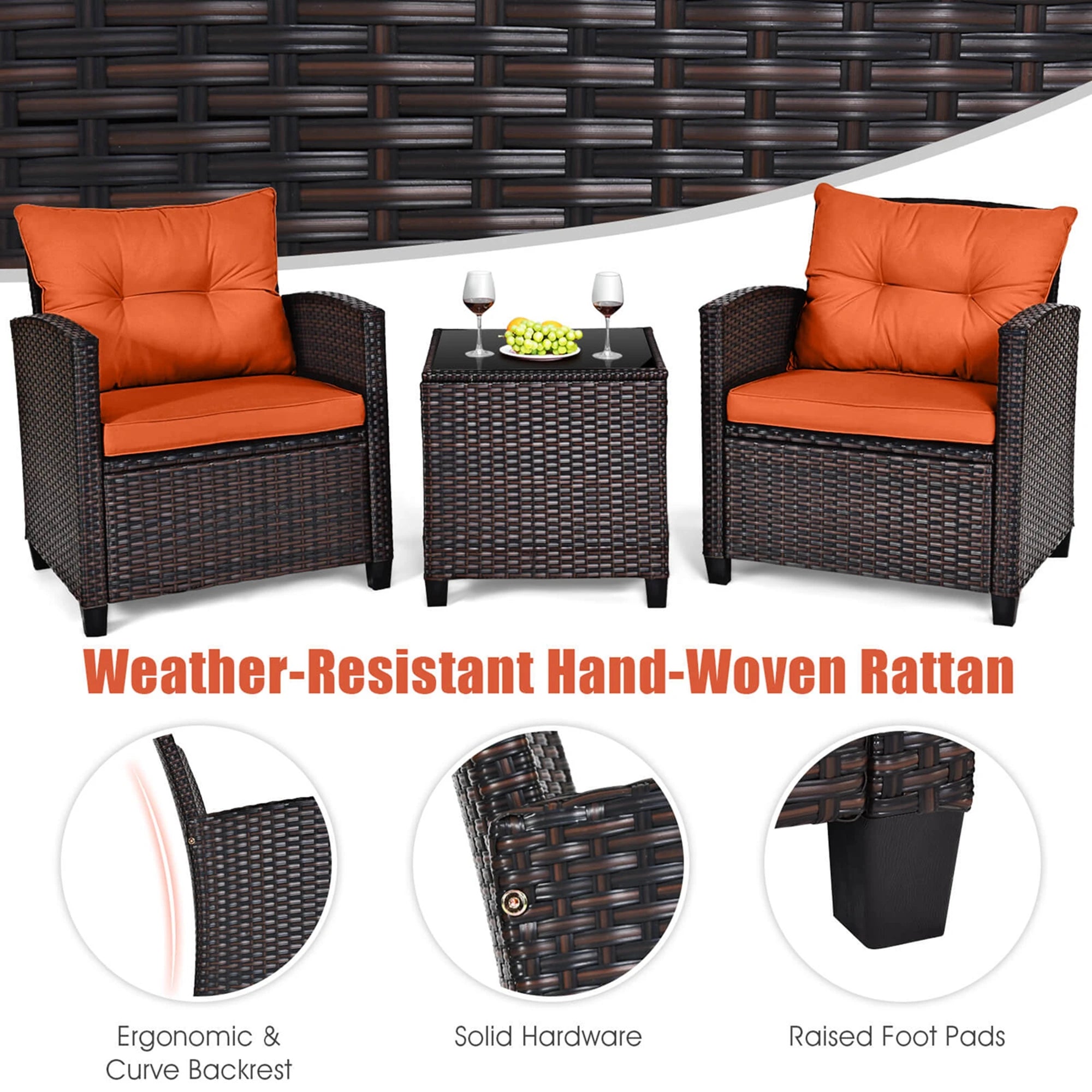 3 PCS Rattan Patio Set With Orange Cushioned